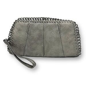 Big-buddha Pewter/Metallic Clutch With Chain Accent‎ Wristlet Vegan Leather